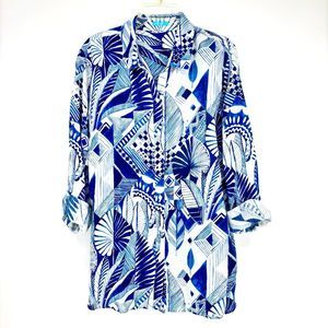 J. MCLAUGHLIN Women’s XL Blue Linen LS Button-Up Top Blouse Tropical Palm Floral